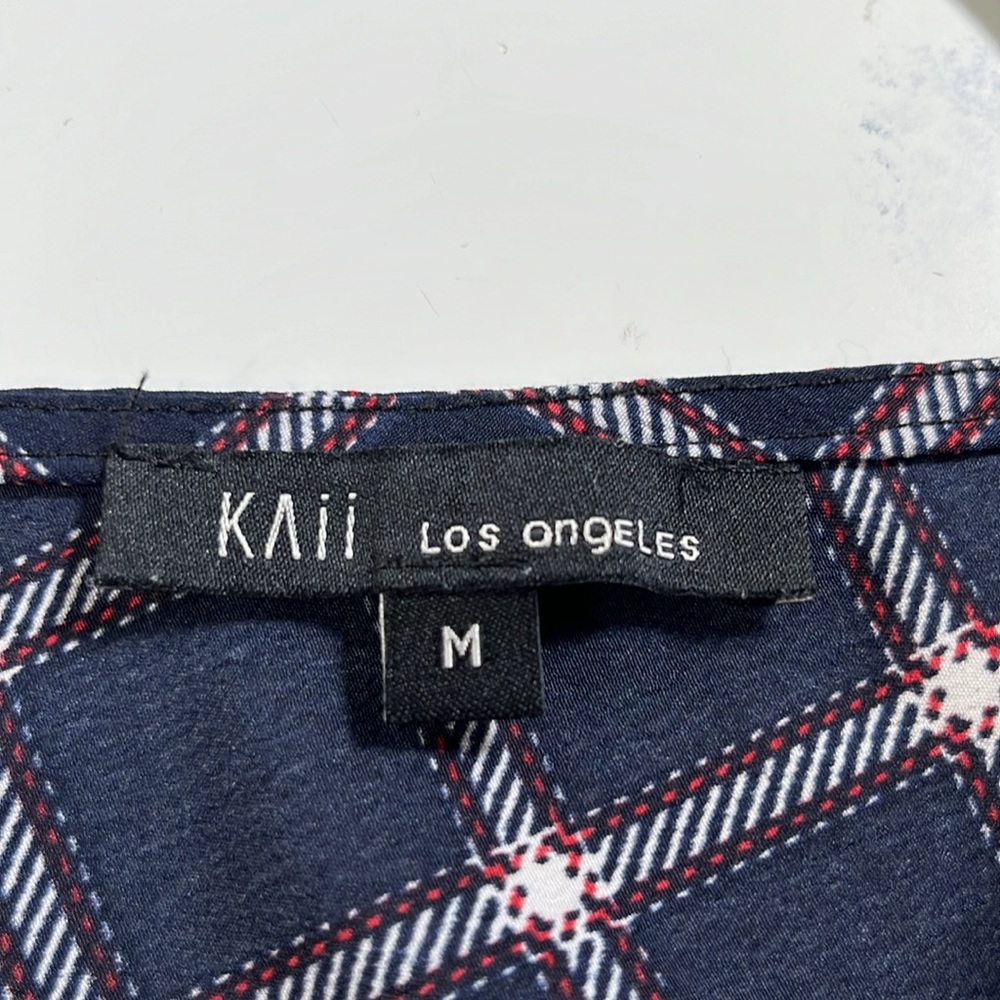 navy blue plaid twist front short sleeve blouse sz M picniccore fall casual - Picture 8 of 12